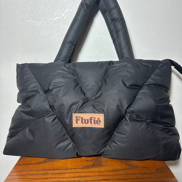 Flufie Shoulder Bag Jet Black Classic Quilted with Body Long Strap Puffer - Picture 2 of 8